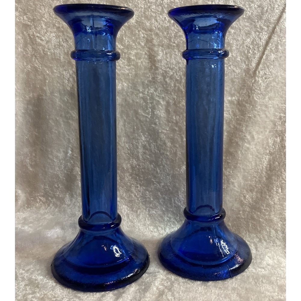 2 Candlestick Holders Vintage Cobalt Blue Glass Taper Candle Table Holiday Decor